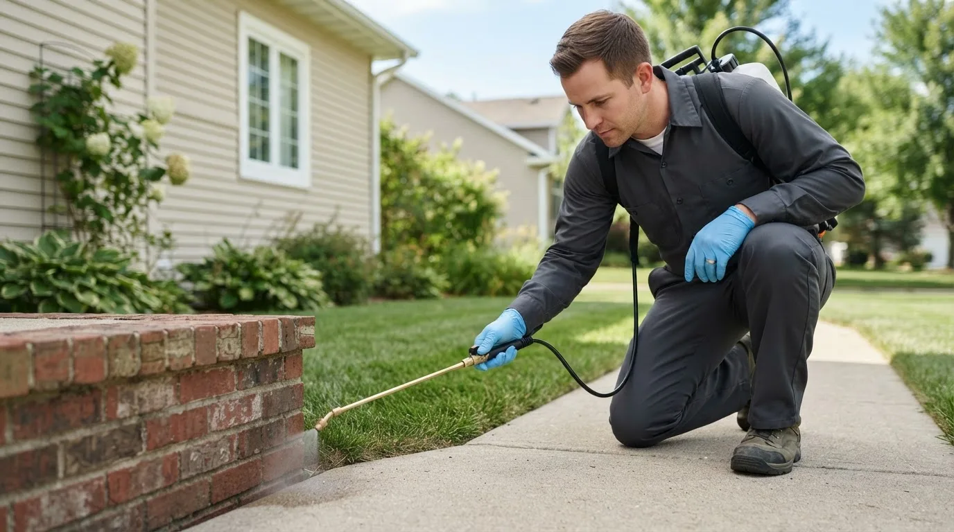 Pest control technician treating a home near Scarborough, ME